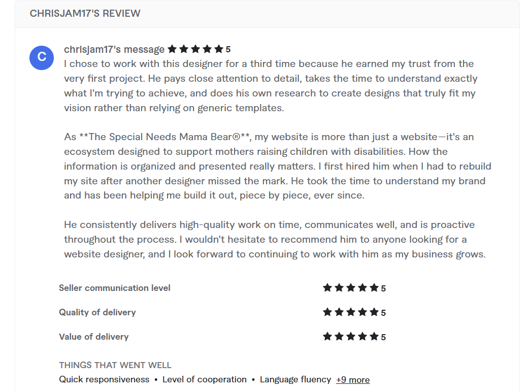 5-star client review from Chrisjam17
