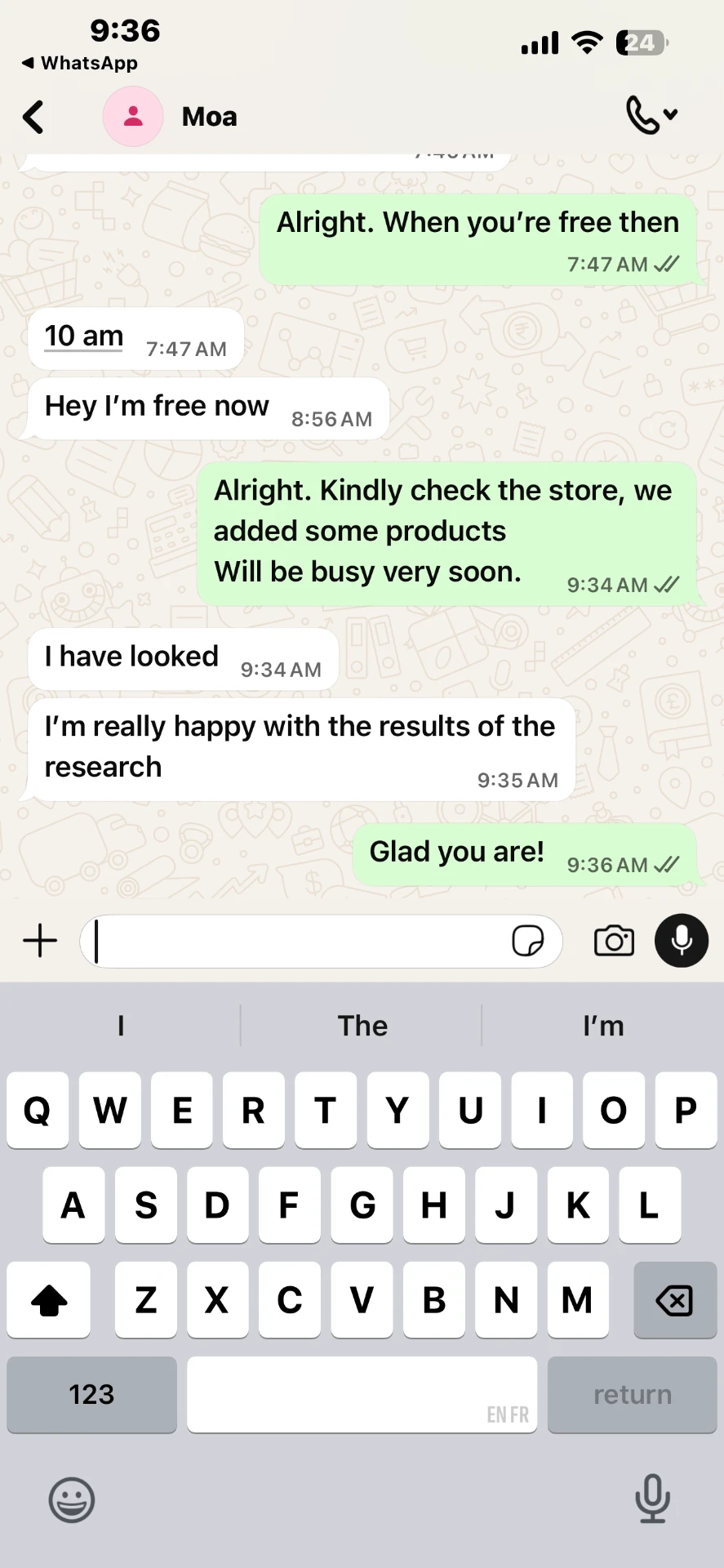 WhatsApp chat: client happy with the product research results